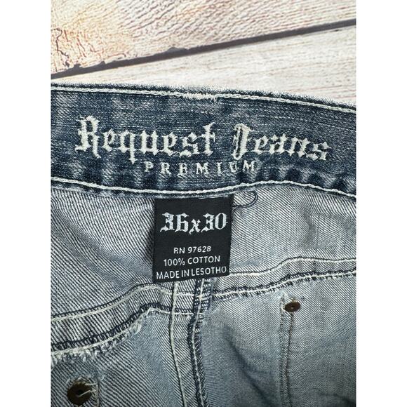 Request Jeans Premium Embroidered Straight Leg Jeans Mens 36x30 Blue Distressed - Picture 6 of 9
